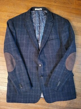 Joseph Abboud Dark Navy Plaid Sport Coat with Brown Elbow Patches